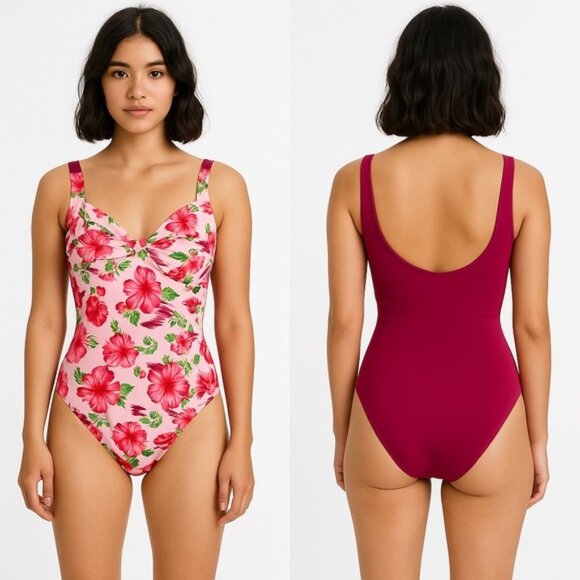 Vintage Hot Summer Beachwear Hibiscus One Piece Swimsuit - Picture 1 of 9